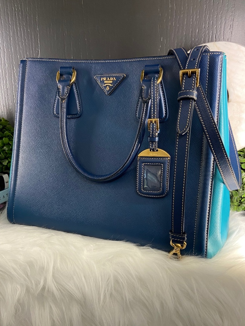 Prada Blue and Turquoise Galleria Bag Saffiano Leather Crossbody Strap Handbag